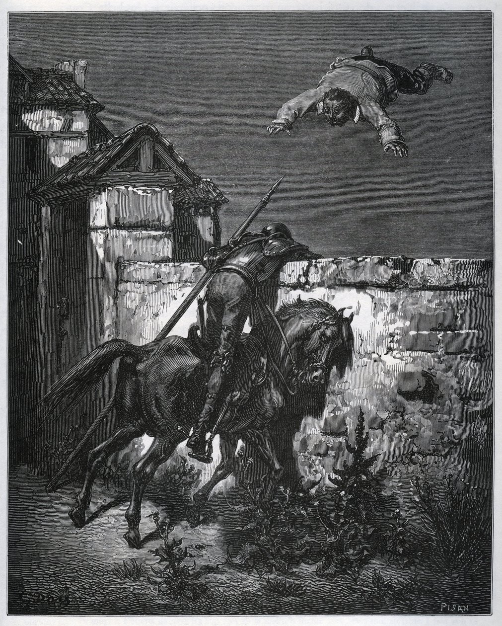 Sancho Panza wordt voor de gek gehouden, en Don Quichot kan niet ingrijpen - uit 