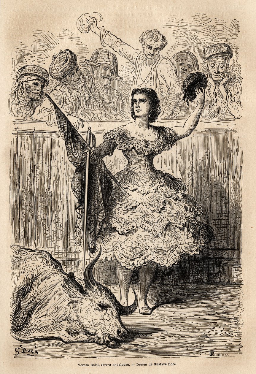 Scène van stierenvechten: de triomf van Teresa Bolsi, Andalusische torrera, groet de vergadering die hem toejuicht in Sevilla. Schets gemaakt door Gustave Doré. Gravure ter illustratie van de reis in Spanje, in 1862 door Charles Davillier door Gustave Dore