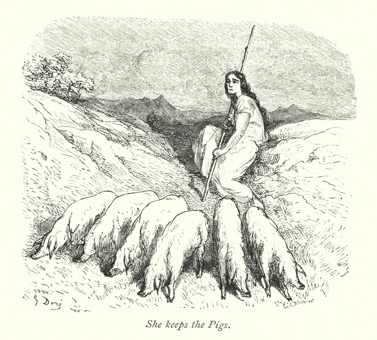 Ze houdt de varkens (gravure) door Gustave Dore