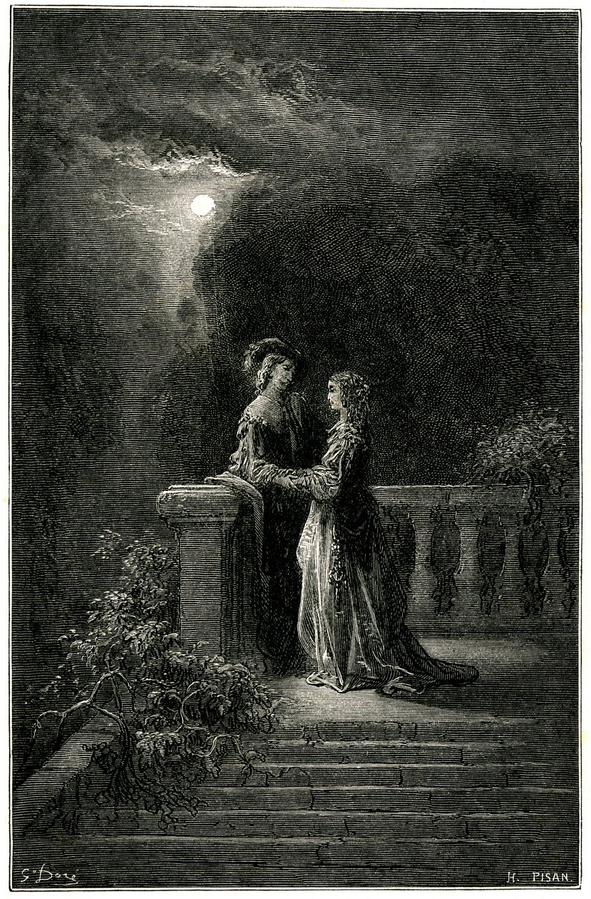 Sigognac en Isabelle: geliefden eindelijk verenigd in het maanlicht. Uiteindelijk triomfeert de liefde! Gravure door Gustave Dore die de picareske roman van cape en degen door Theophile Gautier 
