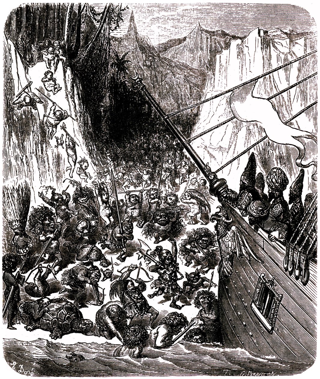 Sindbad de zeeman (Sinbad) - verhaal van de duizend en één (1001) nachten - illustratie door Gustave Doré - Derde reis: een storm werpt het schip van Sindbad en zijn metgezellen op een eiland waar ze worden aangevallen door een menigte kleine en afschuweli door Gustave Dore