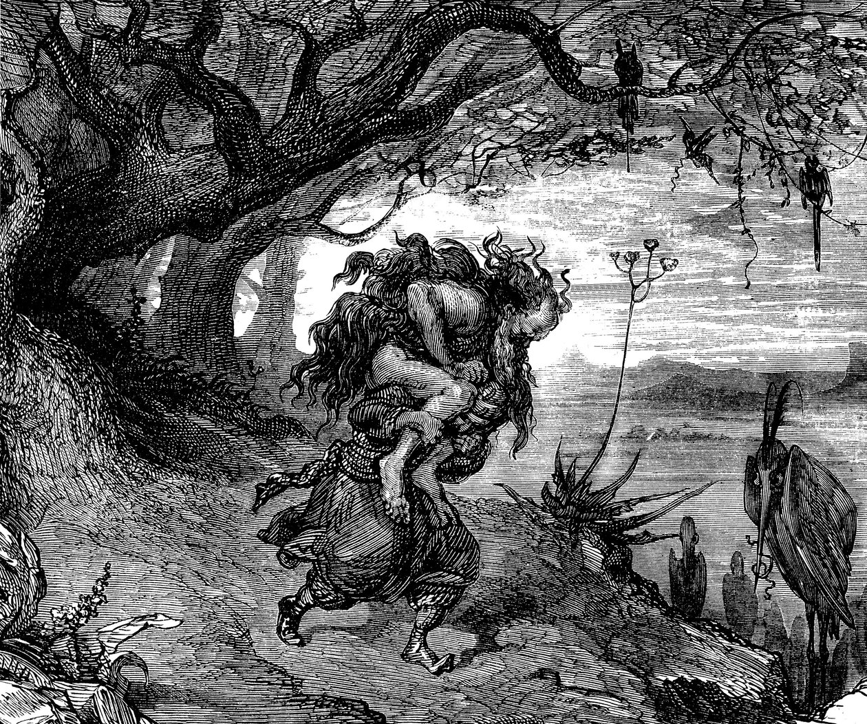 Sindbad de zeeman - verhaal van de duizend-en-een-nacht - illustratie door Gustave Doré (detail) - editie Maxwell 1865 - Vijfde reis: Sindbad wordt gedwongen een oude man op zijn schouder te dragen die zich aan hem vastklampt en van wie hij niet meer los k door Gustave Dore