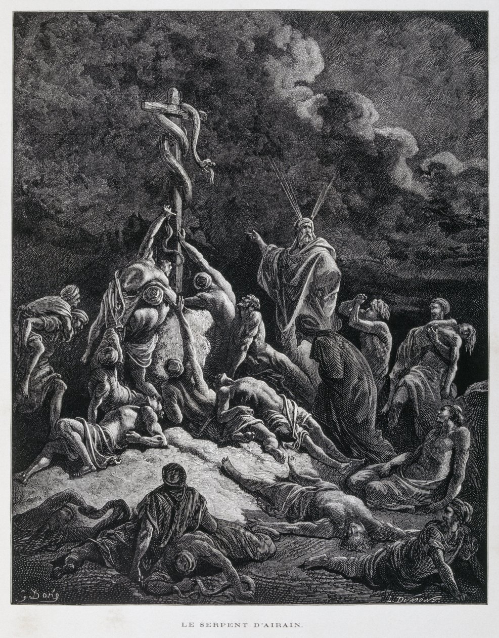 Dus maakte Mozes een bronzen slang en zette die op een paal. Numeri 21:7, Illustratie uit de Dore Bijbel door Gustave Dore