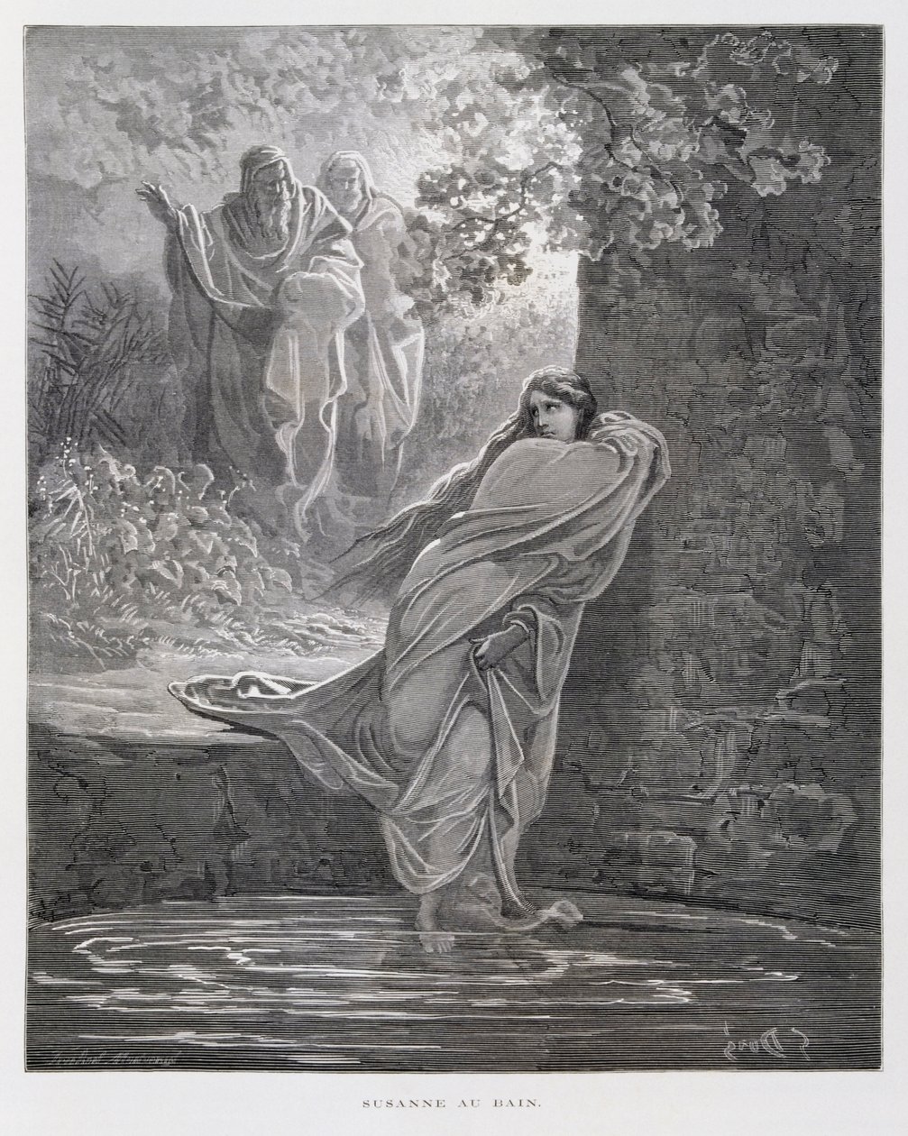 Susanna in bad (Dan. 13:1-26), Illustratie uit de Dore Bijbel door Gustave Dore
