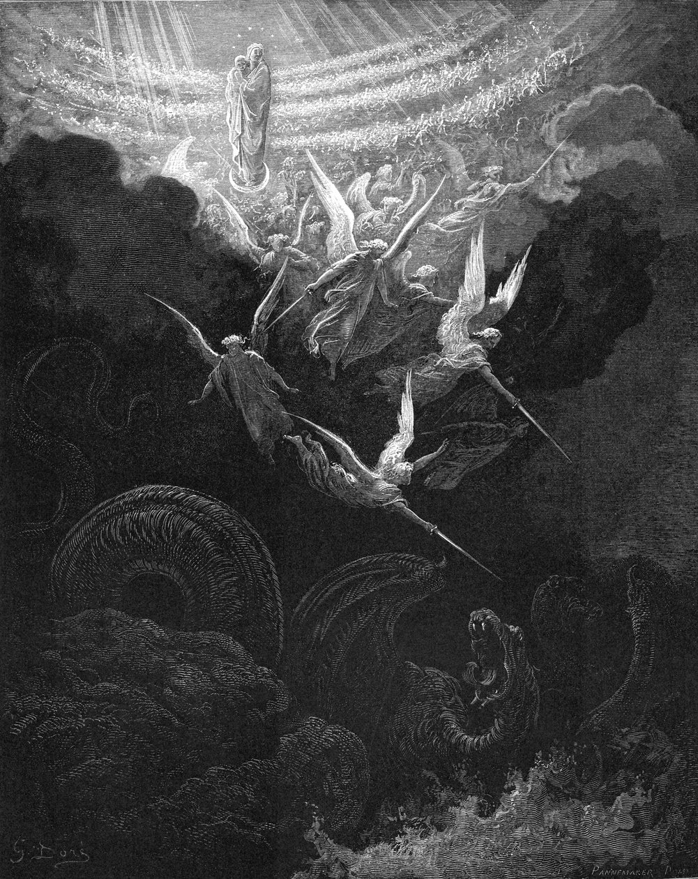 De aartsengel Michaël en zijn engelen vechten tegen de draak door Gustave Dore
