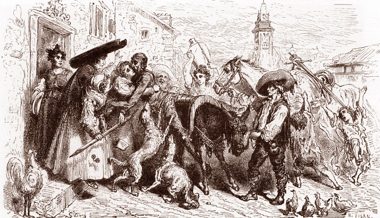 De gehavende Quichot komt thuis Gravure door Gustave Dore voor 