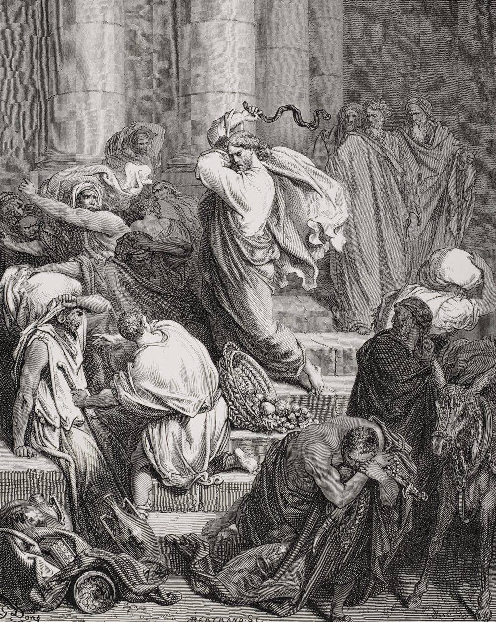 De Kopers en Verkopers uit de Tempel Verdreven, Lucas 19:45-46, illustratie uit Doré