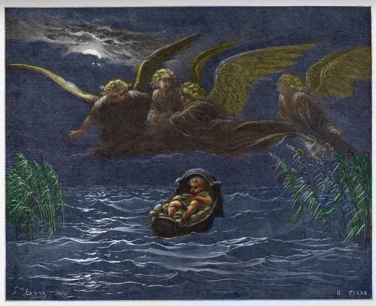 Het kind Mozes op de Nijl omringd door de beschermengelen door Gustave Dore