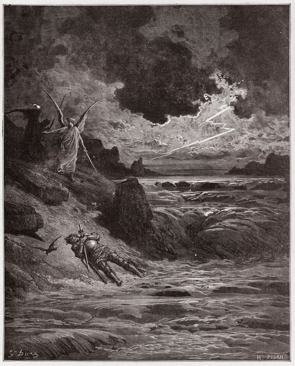De Goddelijke Komedie, Purgatorio, Canto 5: Het lichaam van Buonconte da Montefeltro in de Arno - door Dante Alighieri (1265-1321) - Illustratie door Gustave Doré (1832-1883) door Gustave Dore
