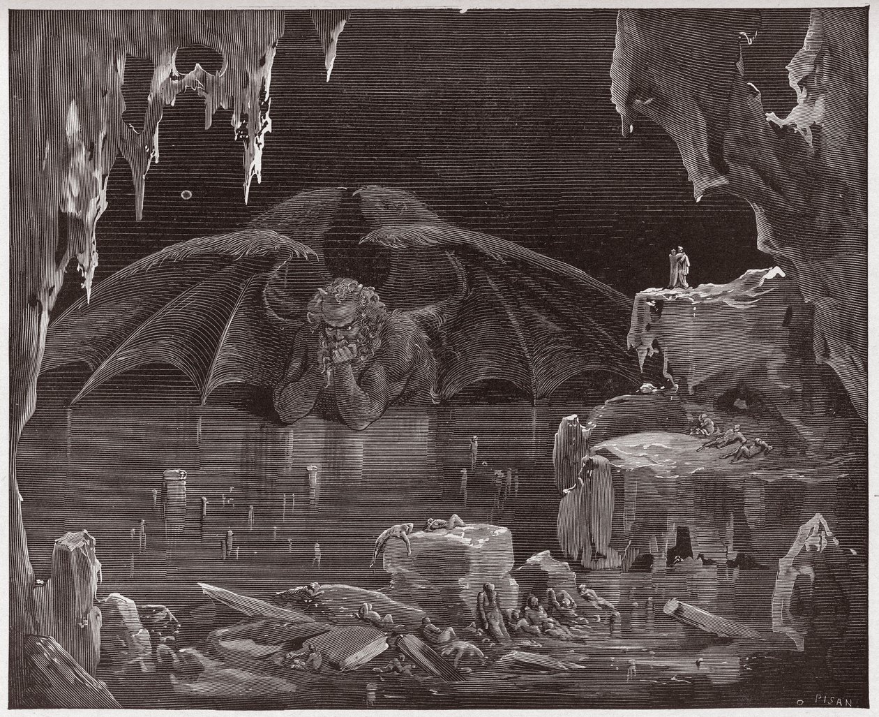 De Goddelijke Komedie (La Divina Commedia, La Divine Comedie), Inferno, Canto 34: Lucifer, koning van de hel, bevroren in het ijs - door Dante Alighieri (1265-1321) - Illustratie door Gustave Doré (1832-1883) door Gustave Dore