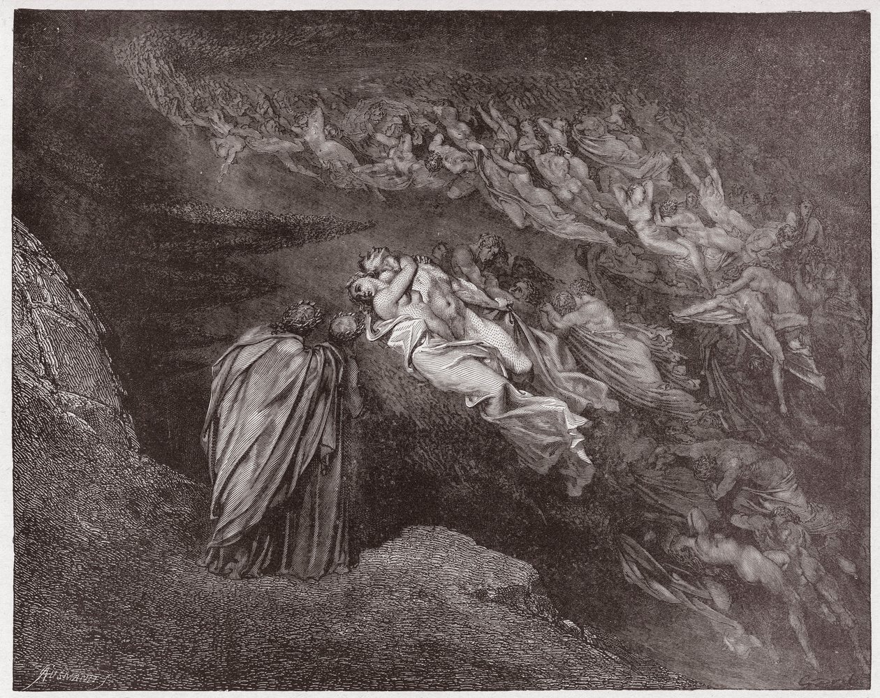 De Goddelijke Komedie (La Divina Commedia, La Divine Comedie), Inferno, Canto 5: De ziel van Francesca spreekt tot Dante - door Dante Alighieri (1265-1321) - Illustratie door Gustave Doré (1832-1883) door Gustave Dore