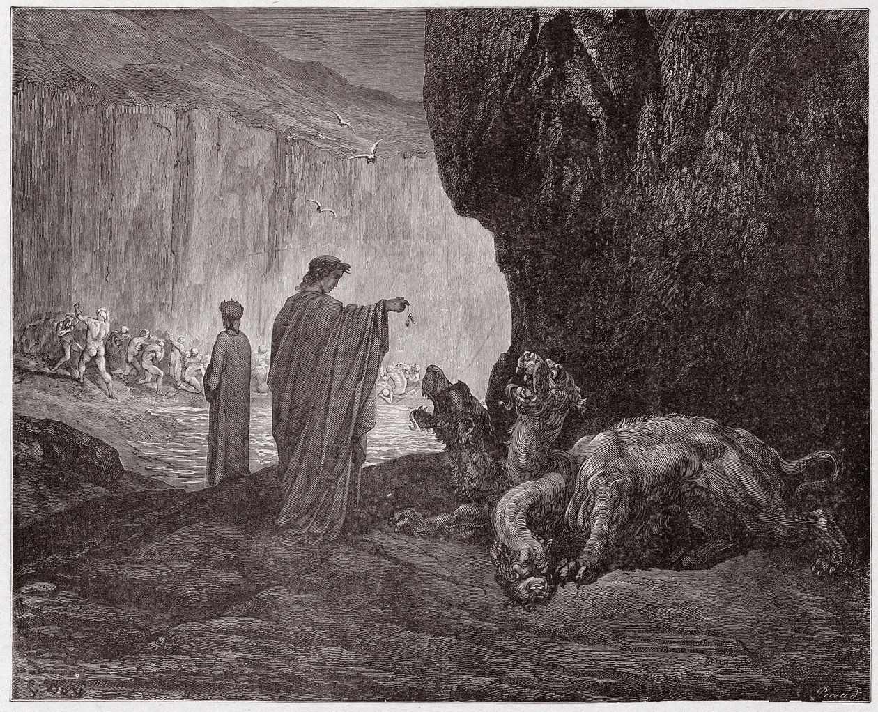 Inferno, Canto 6: Virgil voedt Cerberus in de derde cirkel (Illustratie door Gustave Doré) door Gustave Dore