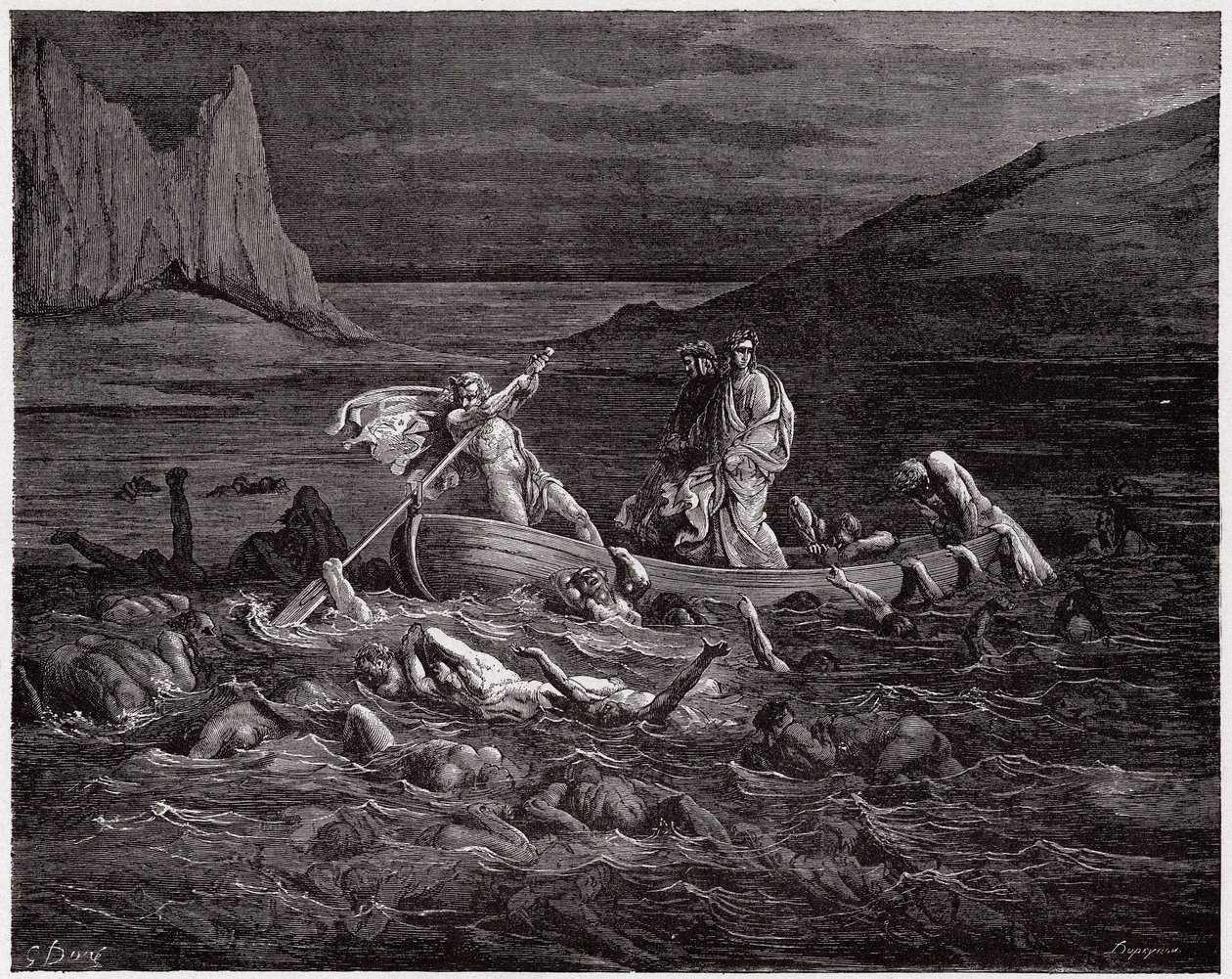 Inferno, Canto 8: Phlegyas brengt Dante en Virgil over de Styx (Illustratie door Gustave Doré) door Gustave Dore