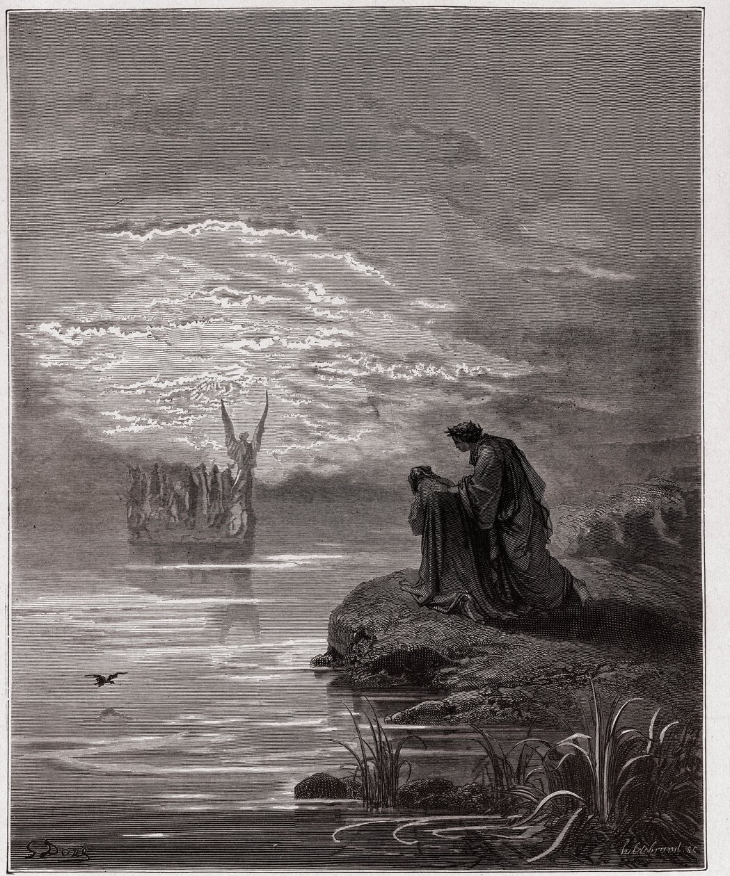 De Goddelijke Komedie (La Divina Commedia, La Divine Comedie), Purgatorio, Canto 2: Dante buigt voor de engelpiloot - door Dante Alighieri (1265-1321) - Illustratie door Gustave Doré (1832-1883) door Gustave Dore