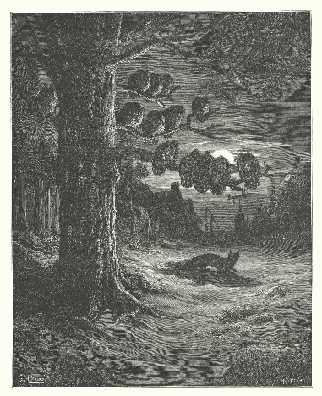 De fabels van La Fontaine: De vos en de kalkoenen (gravure) door Gustave Dore