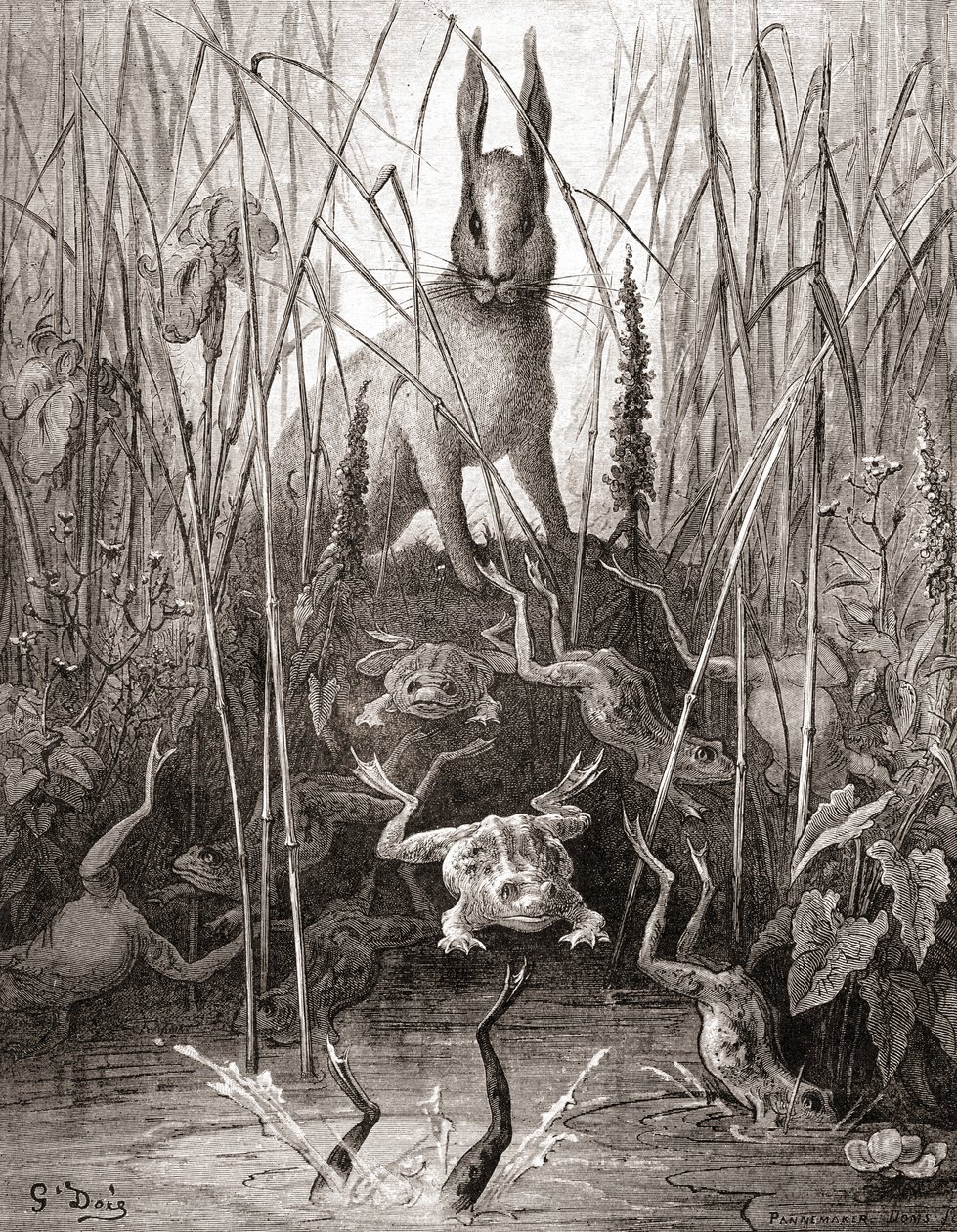De haas en de kikkers, uit een late 19e-eeuwse editie van Fabels de La Fontaine door Gustave Dore