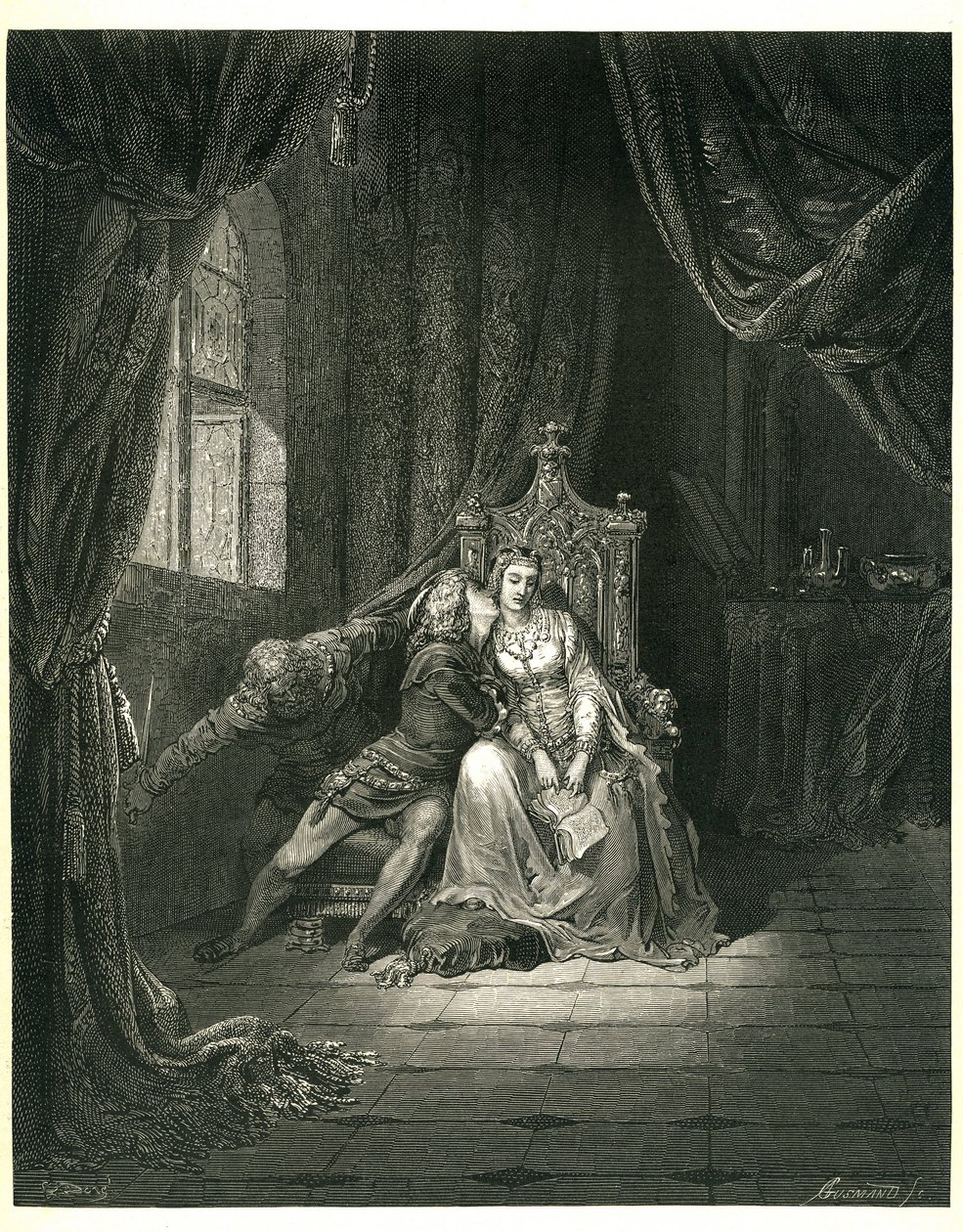 De Hel van Dante Alighieri (de Goddelijke Komedie) geïllustreerd door Gustave Doré. Franse editie van 1861. Francesca da Rimini en haar minnaar. door Gustave Dore