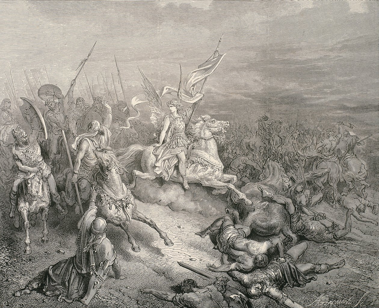 De Heilige Bijbel. 1866. De engel van de Makkabeeën. Gravure door Gustave Dore