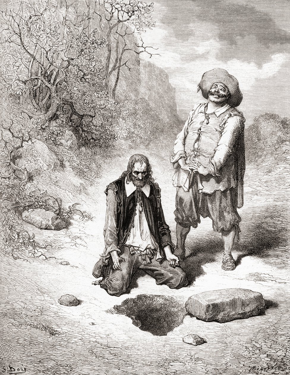 De vrek die zijn schat verloor, uit een late 19e-eeuwse editie van Fabels de La Fontaine door Gustave Dore