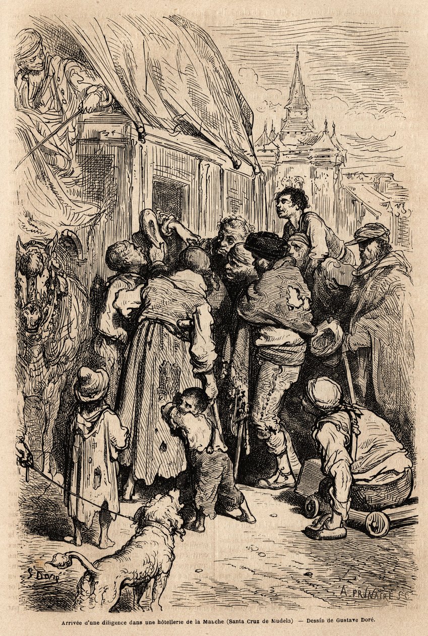 De aankomst van de diligence in een hotel in Santa Cruz de modela (provincie Mancha), belaagd door bedelaars die om aalmoezen vragen. Tekening door Gustave Dore (1832-1883). Gravure ter illustratie van de reis in Spanje, in 1862 door Charles Davillier en G door Gustave Dore