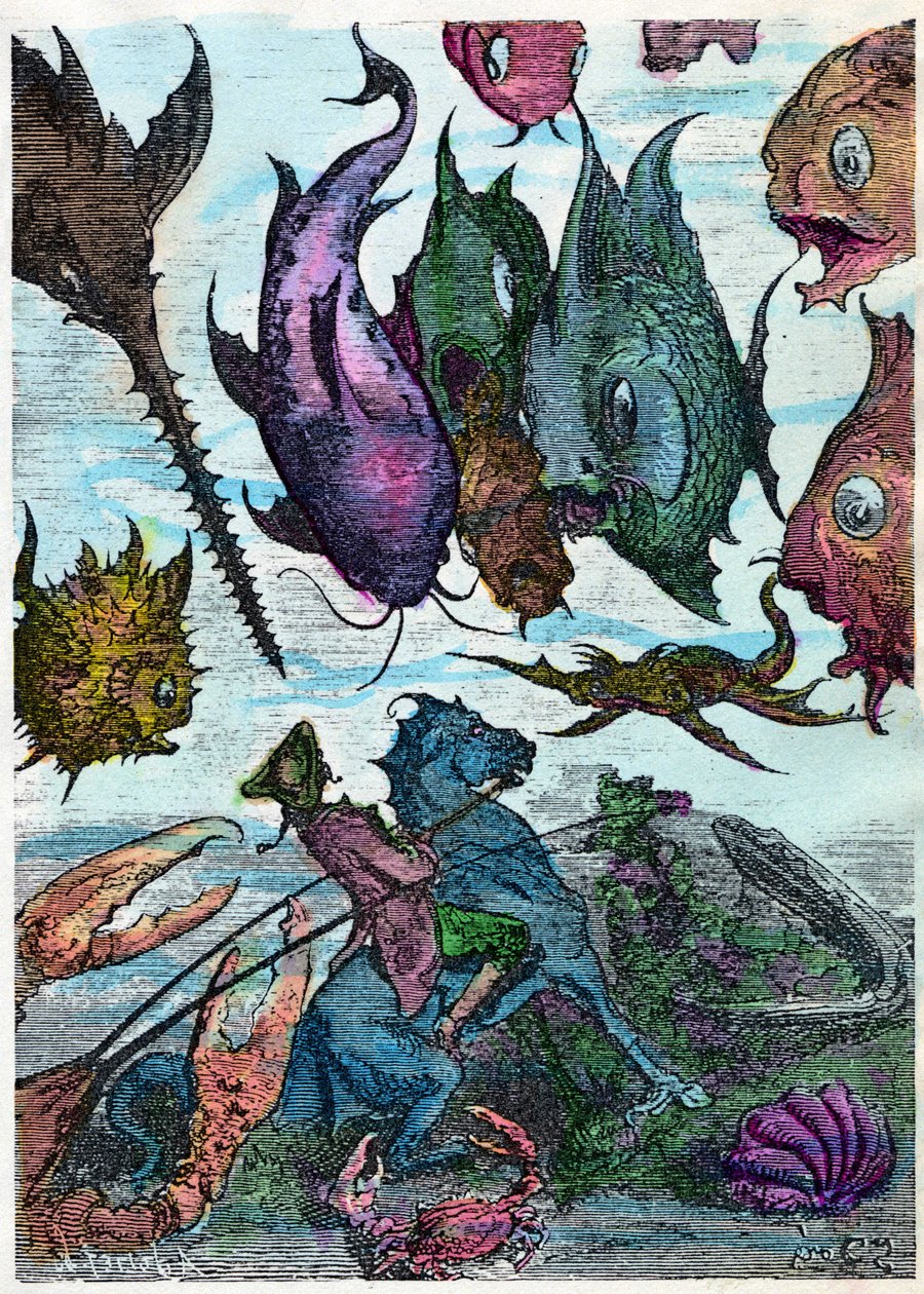 De baron op zijn paard kruist vissen in de zeebodem. Scène uit De avonturen van de baron van Munchausen (Munchhausen) van Rudolph Erich Raspe (1736 - 1794), illustratie van Gustave Dore. Einde van de 19e. door Gustave Dore