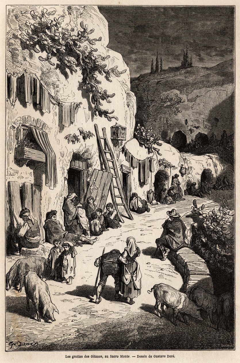 De grotten (ondergrondse huizen) van zigeuners, in Sacro Monte, in Granada. Gravure in Le tour du monde, bewerkt door Edouard Charton. door Gustave Dore
