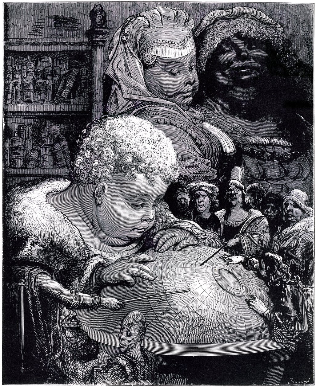 De opvoeding van Gargantua: de reus, kind, bestudeert een wereldbol met zijn leraren, onder het oog van zijn ouders door Gustave Dore