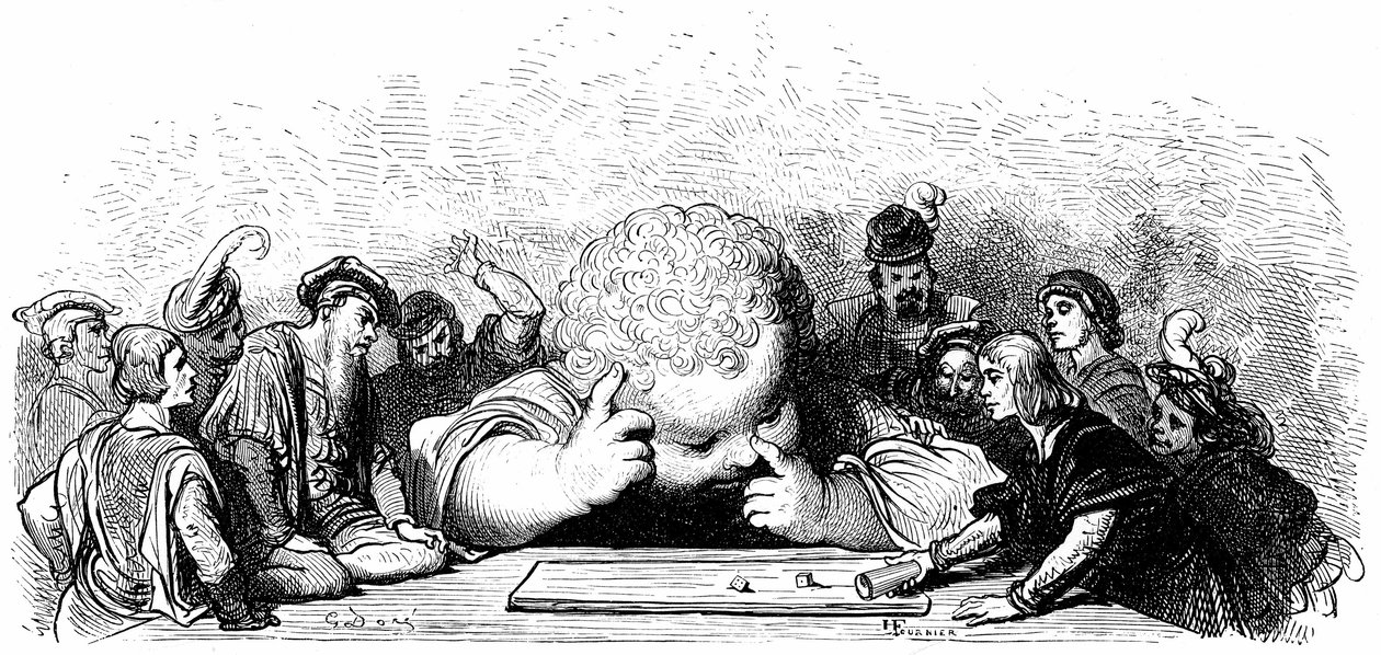 De opvoeding van het kind Gargantua: hij leert dobbelstenen te spelen. Illustratie door Gustave Doré voor het werk van François Rabelais door Gustave Dore