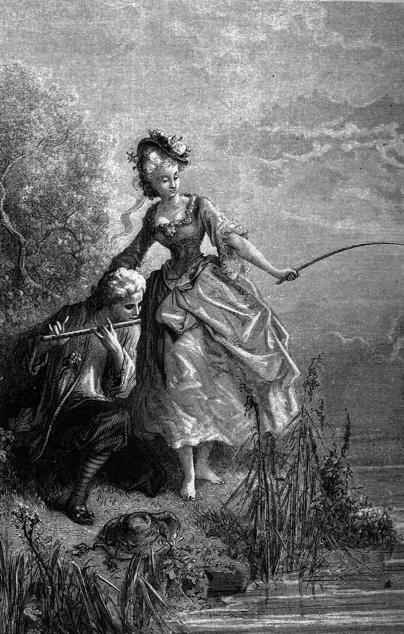 De vis en de herder die fluit speelt. Het geluid van de fluit dient als aas. Fabels van Jean de La Fontaine (1621-1695). Illustratie door Gustave Doré. door Gustave Dore