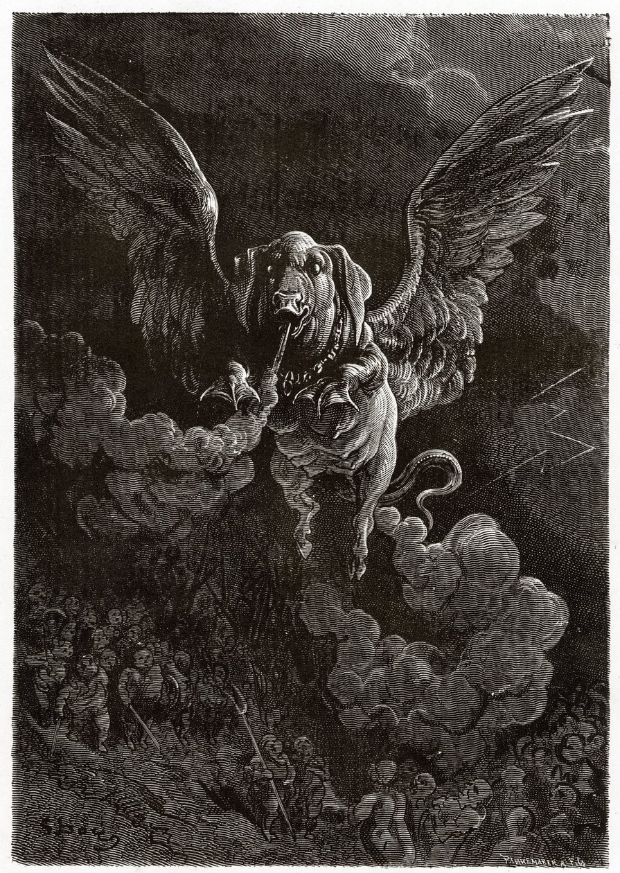 Het vliegende varken dat een gasspoor achterlaat veroorzaakt door zijn winderigheid door Gustave Dore