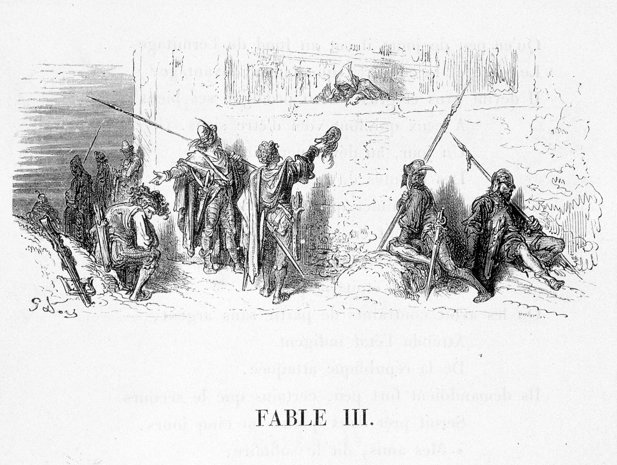 De rat die zich terugtrok uit de wereld in de fabels van Jean de La Fontaine. Illustratie door Gustave Doré. door Gustave Dore