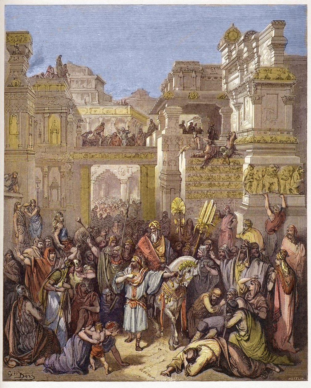 De triomf van Mordechai - Triomf van Mordechai - gravure in 