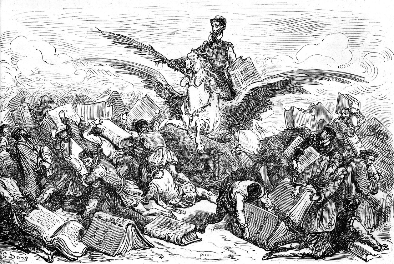 De schrijver Cervantes rijdt op een gevleugeld paard (Pegase), zijn boek 