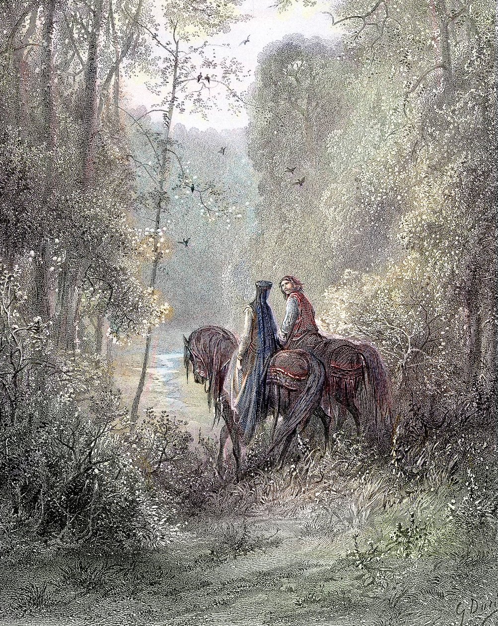 Ze verdwaalden onder bossen die leken op een bloemenparadijs (Guenièvre en Lancelot) - in Guenièvre door Alfred Tennyson, ill. door Gustave Doré Parijs, Librairie Hachette et Cie door Gustave Dore
