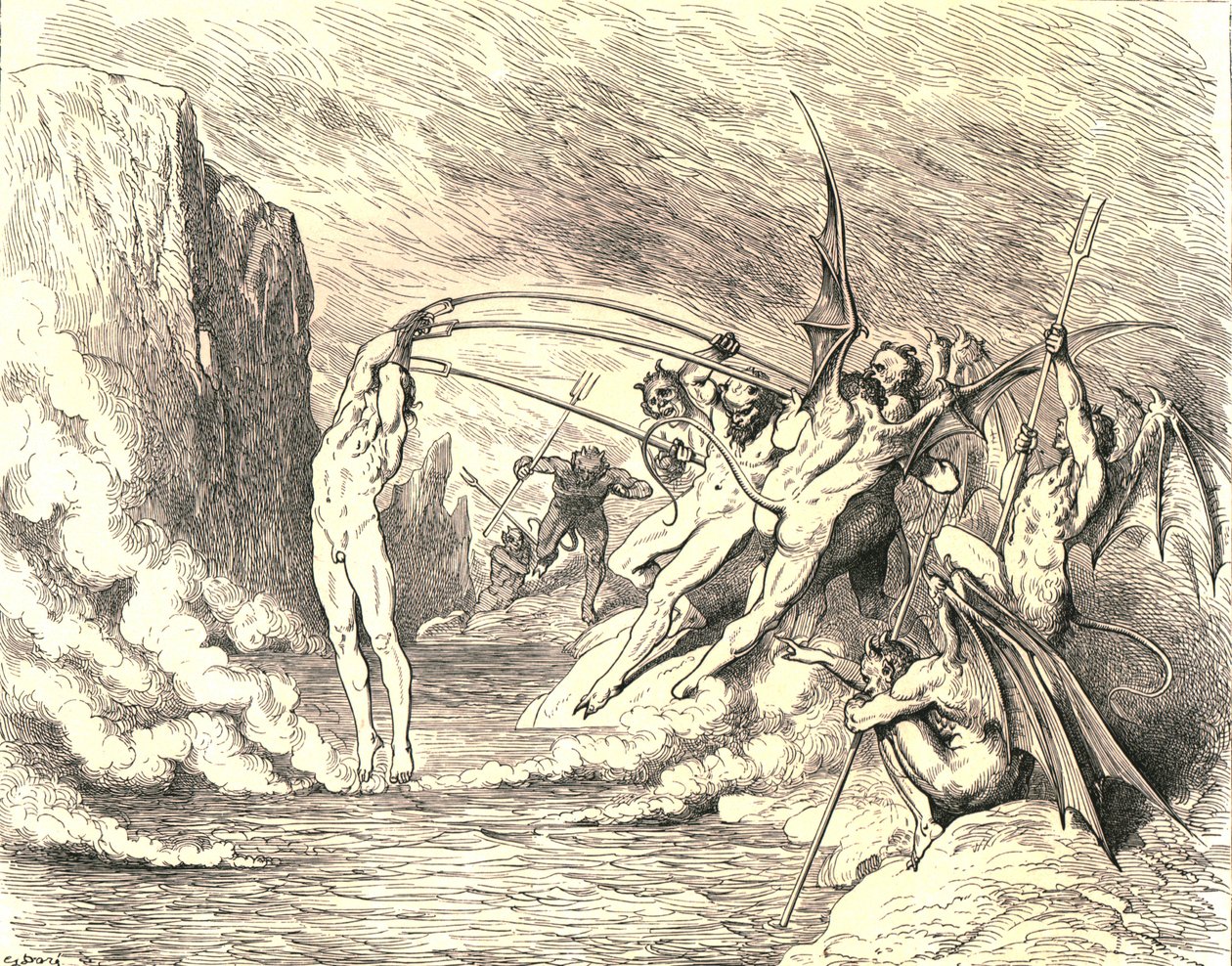 Dit gezegd hebbende, grepen ze hem met meer dan honderd haken, c1890 door Gustave Dore
