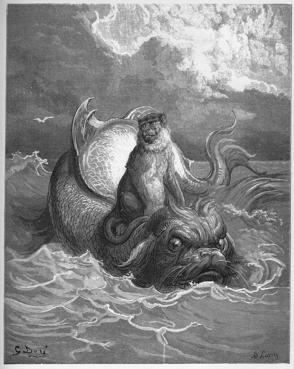 Apen en dolfijn - uit "Fabels" van Jean de La Fontaine door Gustave Dore