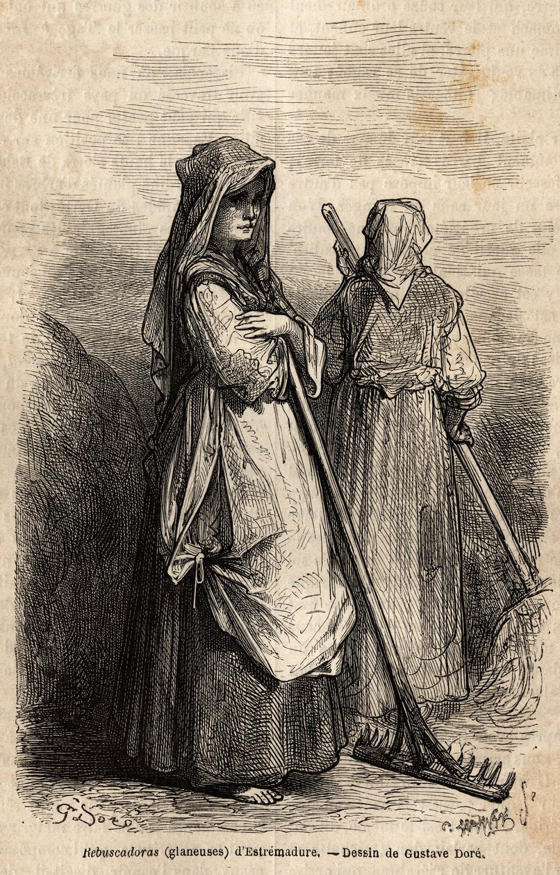 de arenlezers van Estremadure, met hun grote houten harken om het deel van de oogst op te rapen dat na de oogst op de velden was achtergebleven. Gravure ter illustratie van de reis naar Spanje door Gustave Dore (1832-1883) illustrator en Baron Ch. Davillie door Gustave Dore