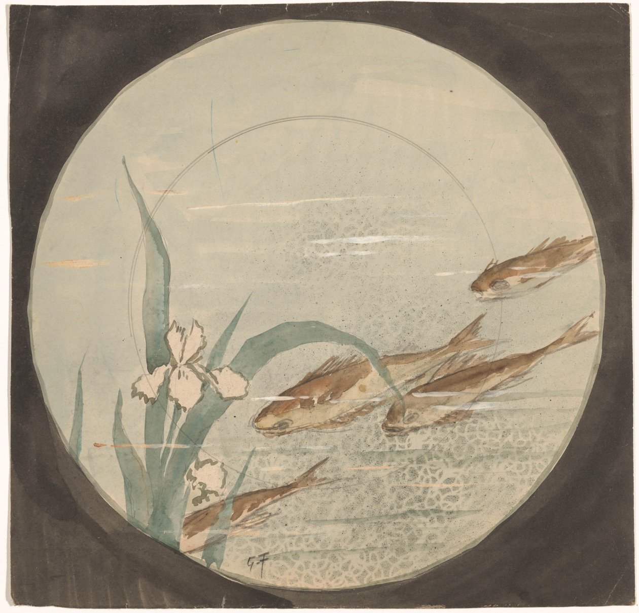Ontwerp voor een bord met vier bruine, omlaagzwemmende vissen bij een witte iris door Gustave Fraipont (signed by artist)