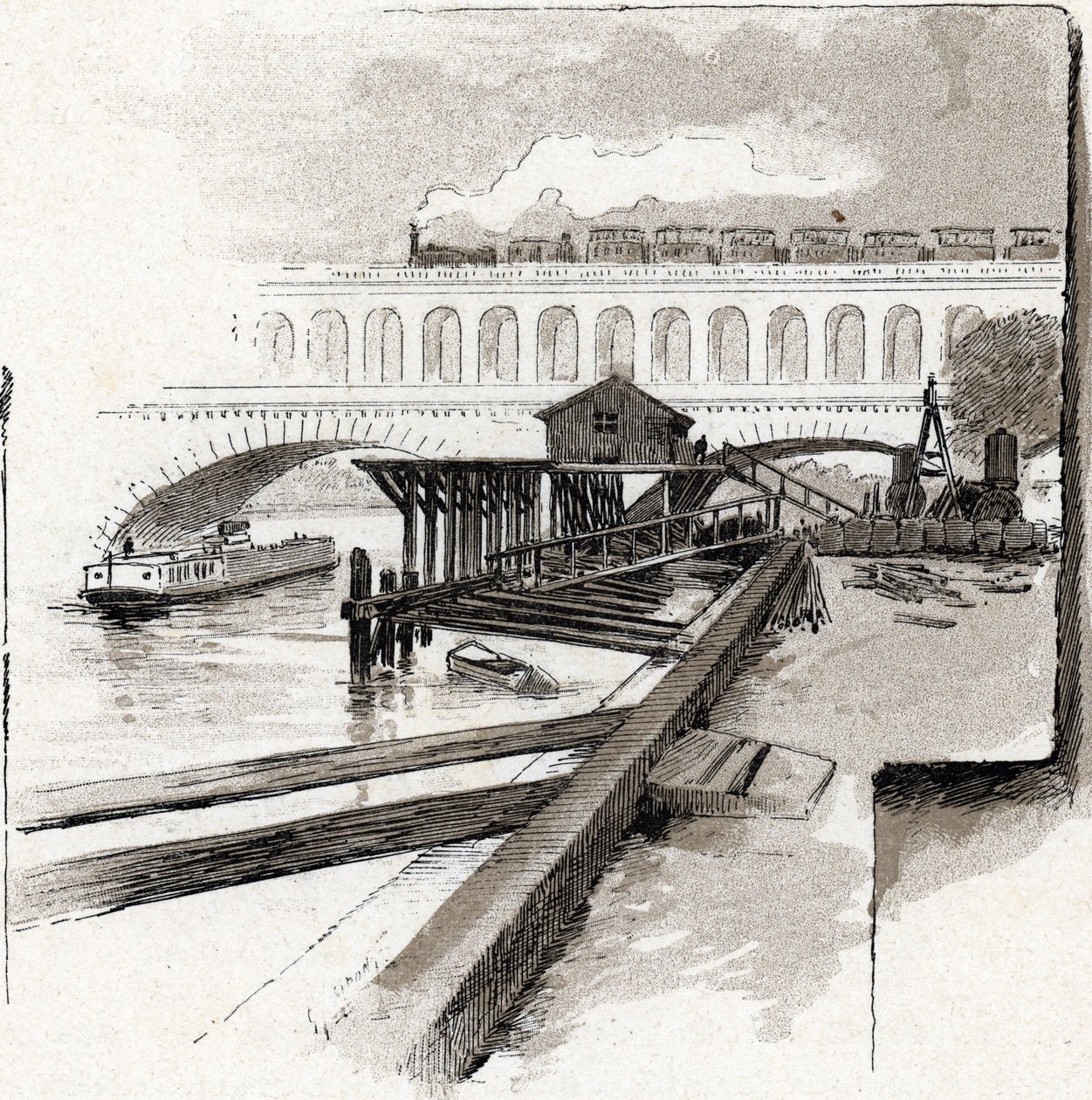 Le viaduct du point du Jour, Boulogne-Billancourt Tekening door Gustave Fraipont (1849-1923) uit Saint-Juirs door Gustave Fraipont