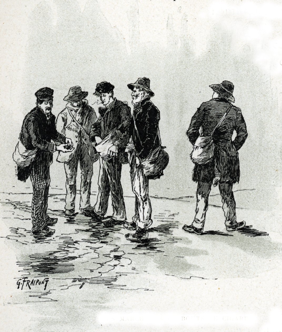 Les marchands de bout de cigare dans quartier Maubert, Paris Tekening door Gustave Fraipont (1849-1923) uit 