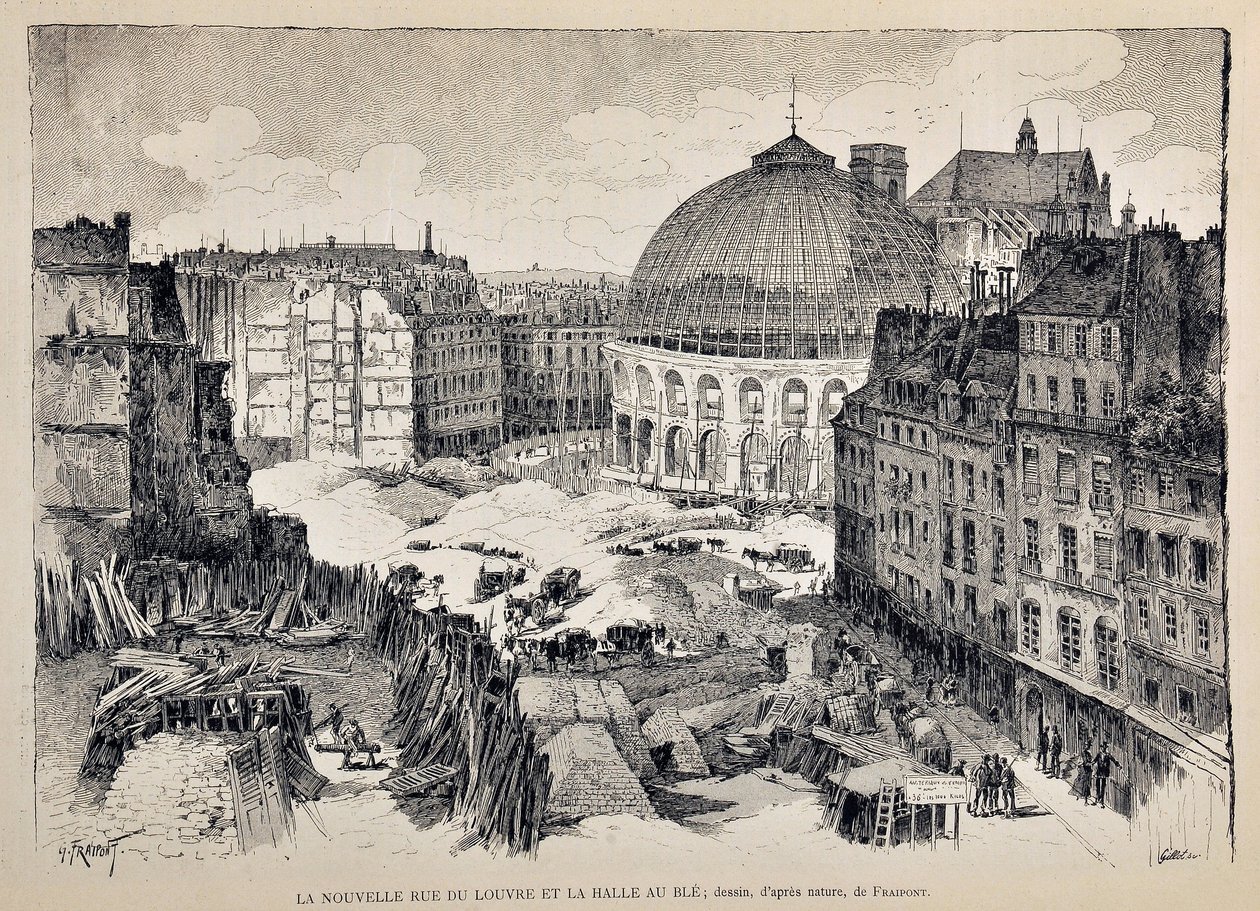 De nieuwe Rue du Louvre en de Halle au Blé in Parijs in 1887. Illustratie door Gustave Fraipont (1849-1923). Gravure uit 1887 in 