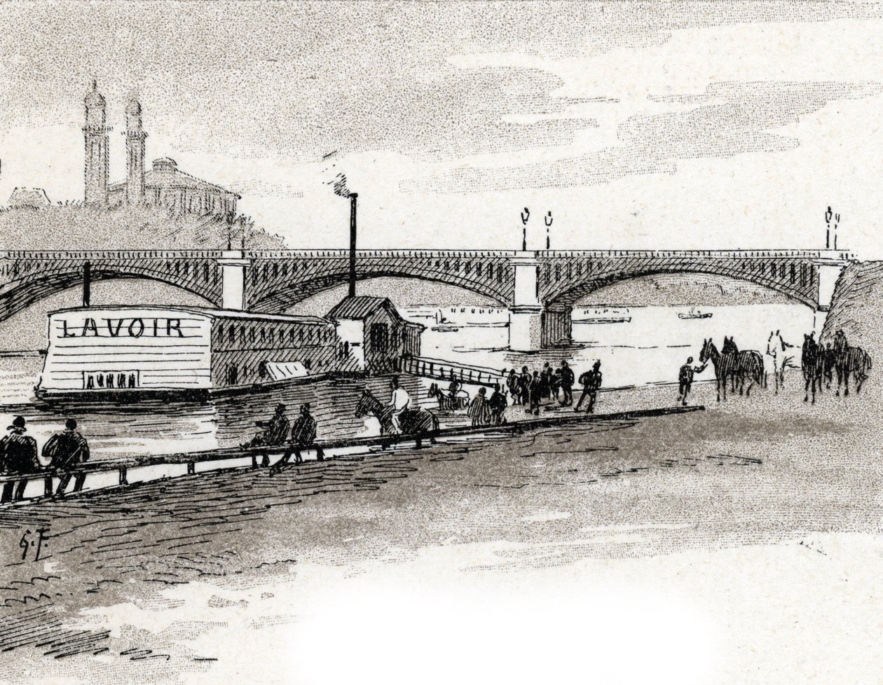 Uitzicht op de Grenelle-brug in Parijs. Tekening door Gustave Fraipont (1849-1923) uit Saint-Juirs door Gustave Fraipont