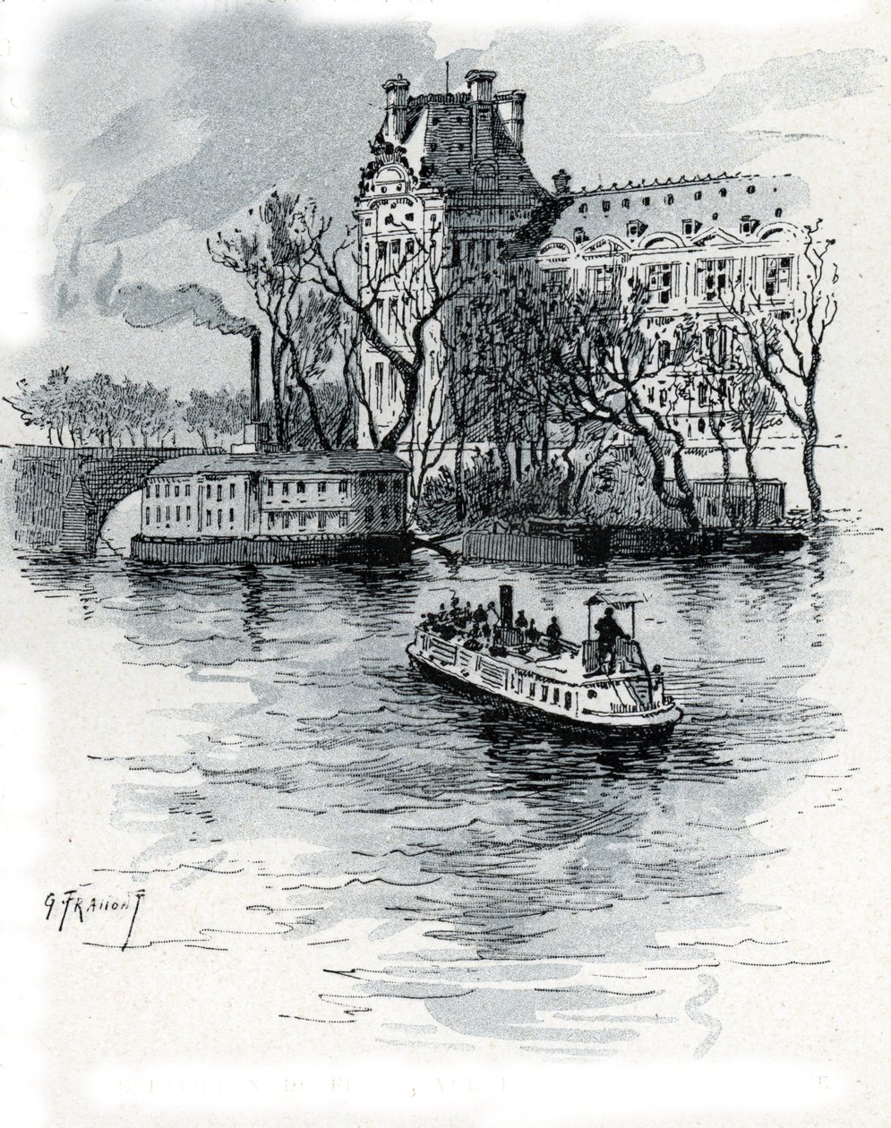 Uitzicht op het Pavillon de Flore, Palais du Louvre, vanaf de Quai Voltaire, Parijs Tekening door Gustave Fraipont (1849-1923) uit Saint-Juirs door Gustave Fraipont