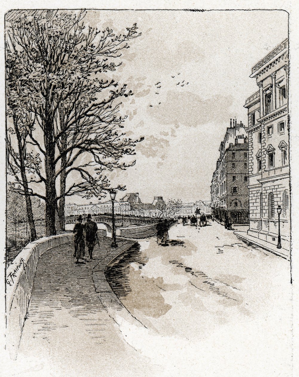 Uitzicht op de Quai des Orfèvres, Île de la Cité, Parijs Tekening door Gustave Fraipont (1849-1923) uit Saint-Juirs door Gustave Fraipont