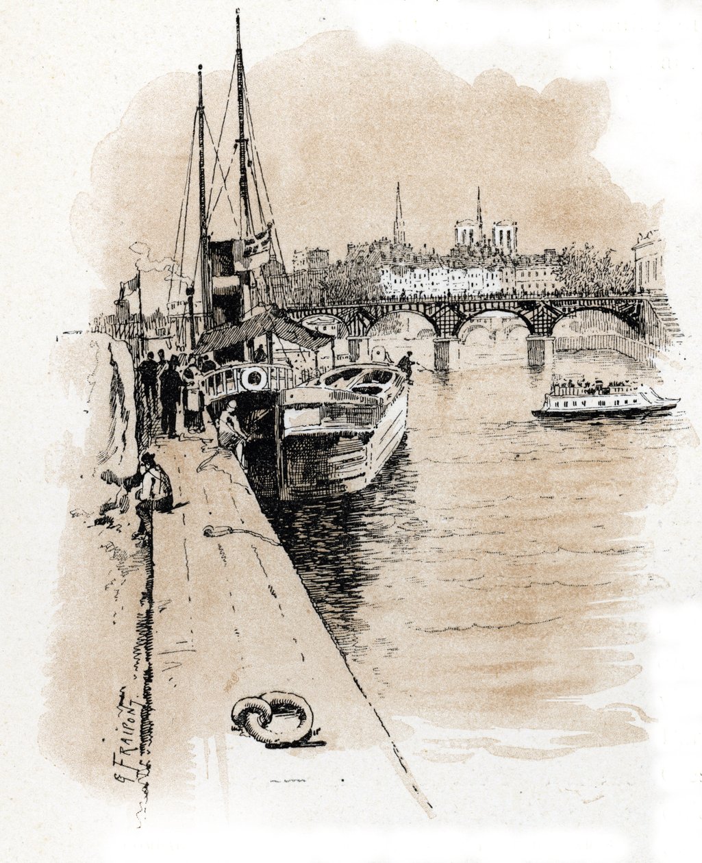 Uitzicht op de maatschappij Seine et Thames waarvan de boten Parijs en Londen verbinden Tekening door Gustave Fraipont (1849-1923) uit 