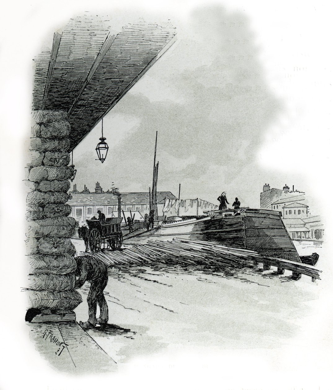 Uitzicht op de hangars van de haven van La Villette in Parijs Tekening door Gustave Fraipont (1849-1923) uit 