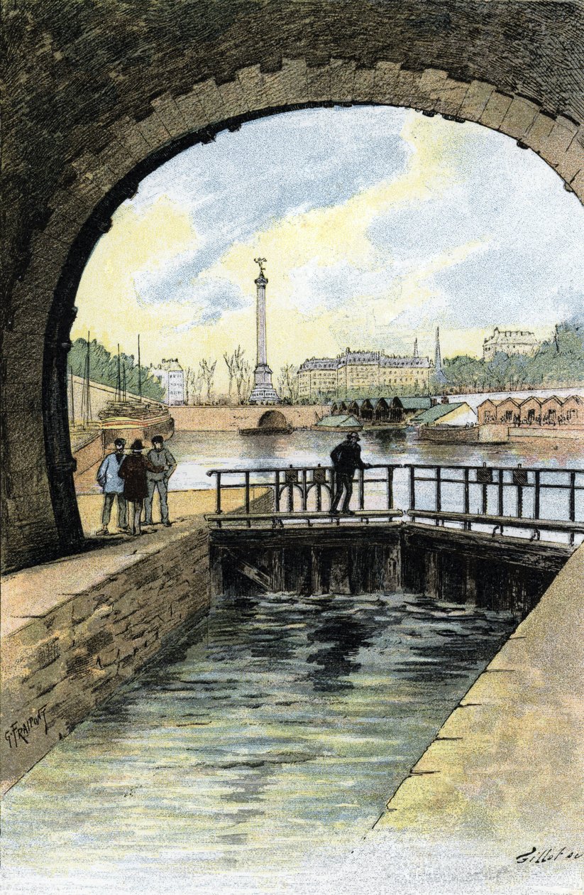 Uitzicht op de sluis van Canal Saint Martin in Parijs. Tekening door Gustave Fraipont (1849-1923) uit 