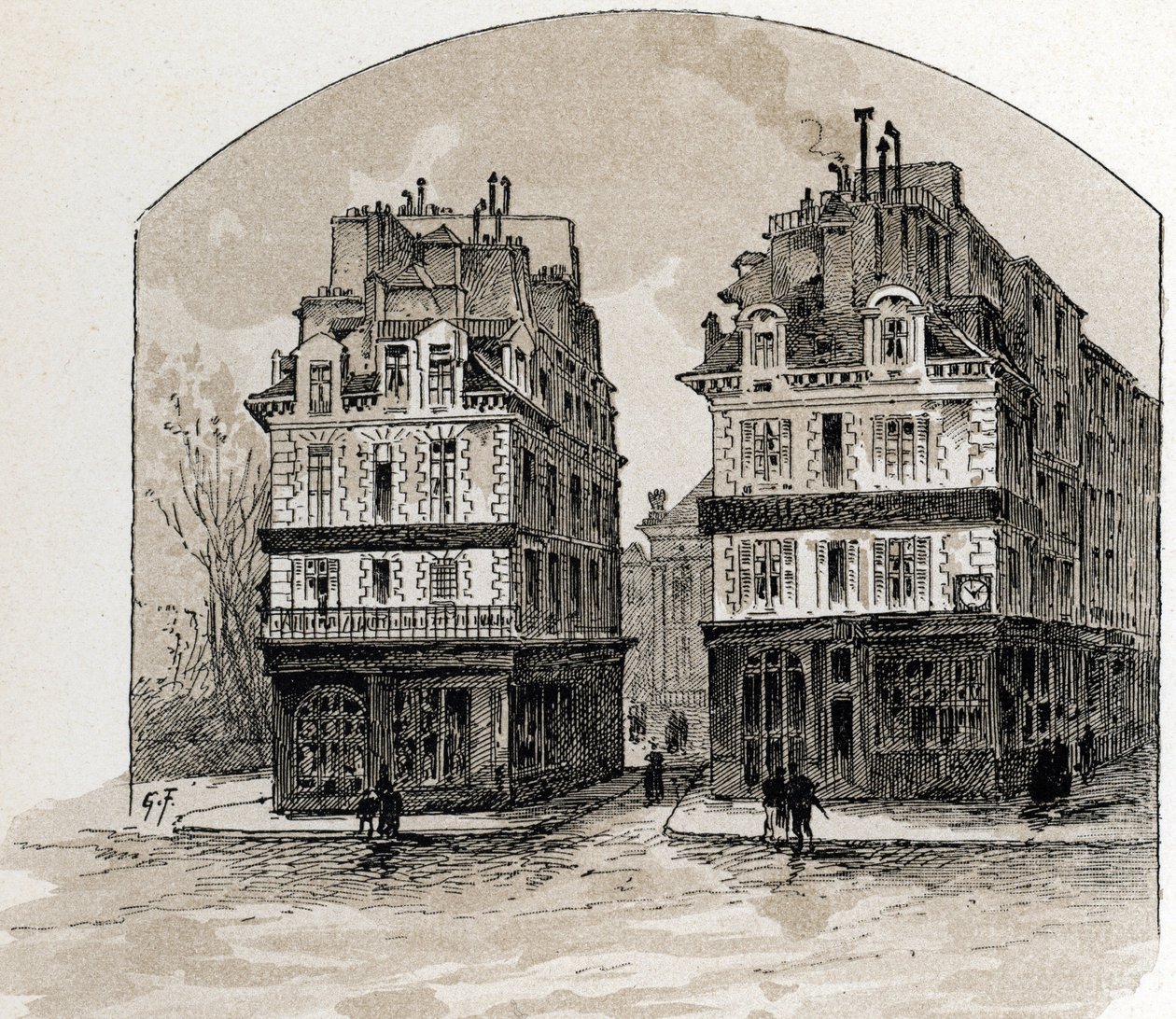 Uitzicht op de oude huizen van Pont-Neuf in Parijs. Tekening door Gustave Fraipont (1849-1923) uit Saint-Juirs door Gustave Fraipont