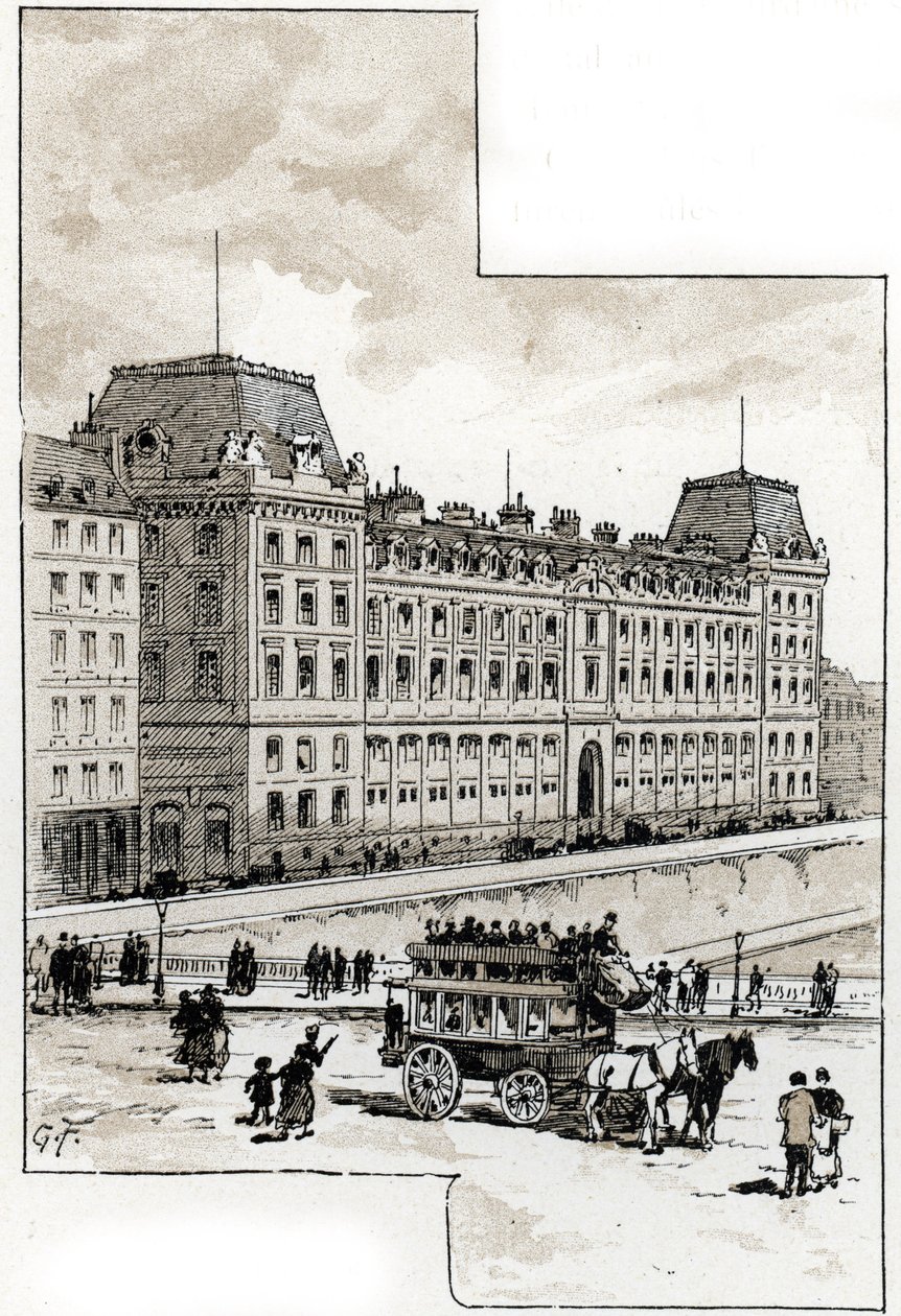 Uitzicht op het politiebureau aan de quai des Orfèvres, Parijs. Tekening door Gustave Fraipont (1849-1923) uit Saint-Juirs door Gustave Fraipont