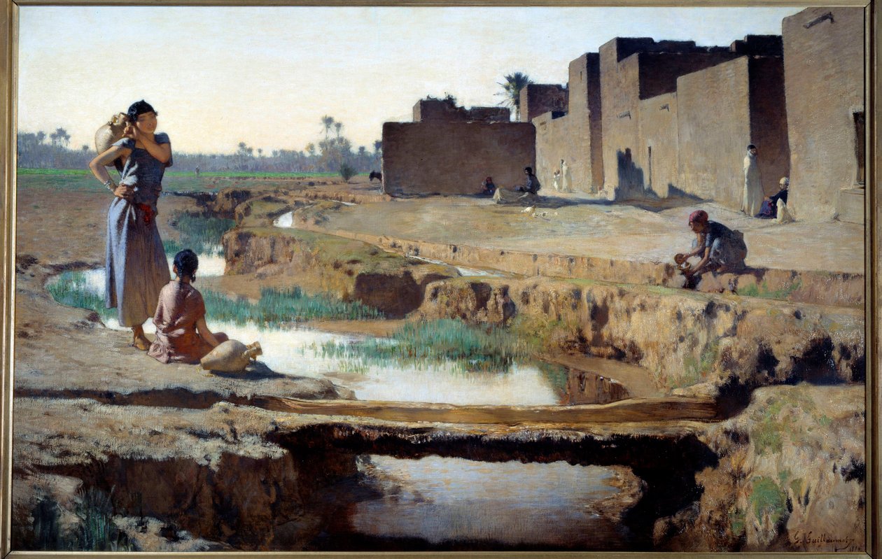 La Seguia bij Biskra Vrouw en kind halen water bij de rivier in een oase in de Algerijnse woestijn door Gustave Guillaumet